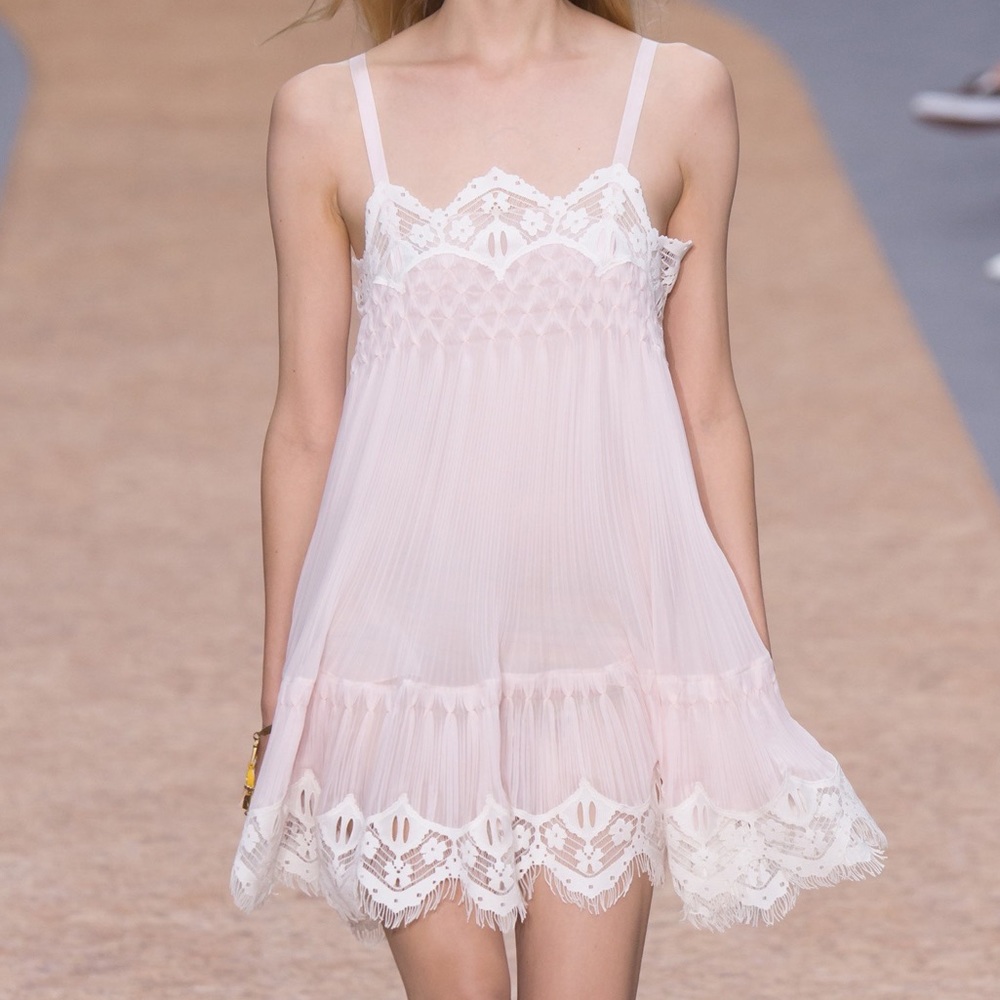 Chloé Smocked Pleated Georgette and Lace Pink Mini Dress 2016 S/S RTW Runway